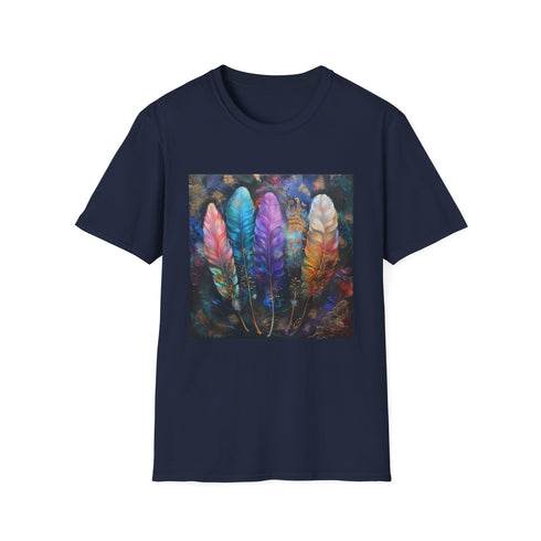 Charcoal cotton t-shirt with vibrant bohemian feather pattern and crew neck
