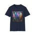 Charcoal cotton t-shirt with vibrant bohemian feather pattern and crew neck