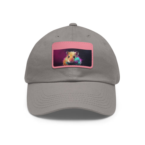 Neon hamster design on white baseball cap with light brown patch