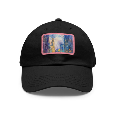 Chicago skyline watercolor hat with white light brown rectangle patch.