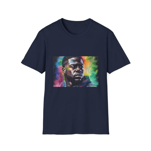 Charcoal crew neck cotton T-shirt featuring vibrant watercolor comedic design