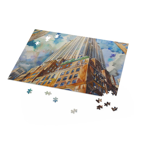 Iconic Chrysler Building watercolor puzzle, perfect for New York City lovers.