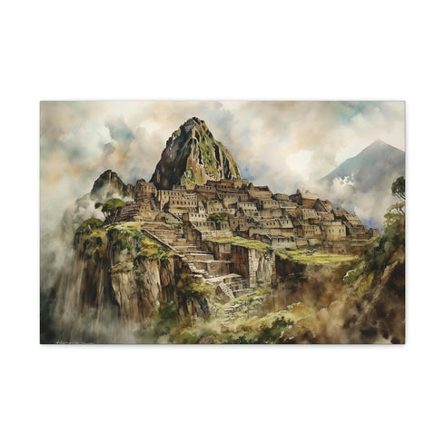 Machu Picchu Tours canvas featuring stunning Andean peaks and ancient ruins.
