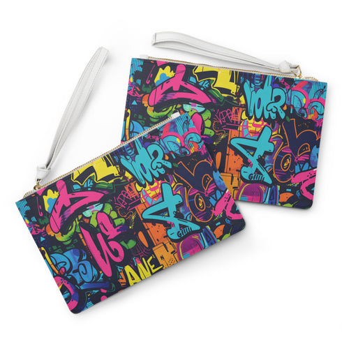 Colorful neon graffiti clutch with seamless pattern, vegan, made in USA.