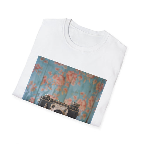 Charcoal cotton crew neck t-shirt featuring vintage camera and film reel design