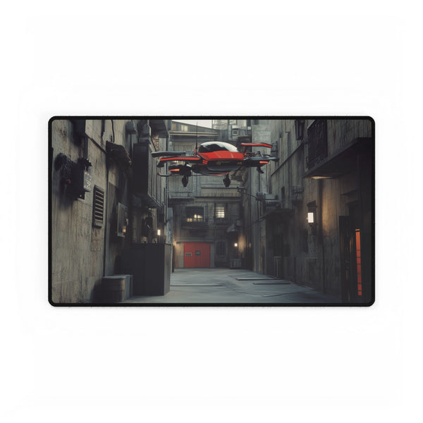 Cyberpunk Alleyway with Flying Cars — XL & XXL Desk Mat — Gaming & Workspace Desk Setup View
