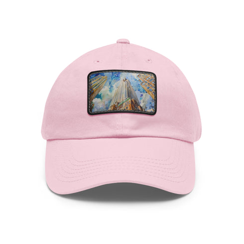 White cotton hat with Chrysler Building watercolor design.