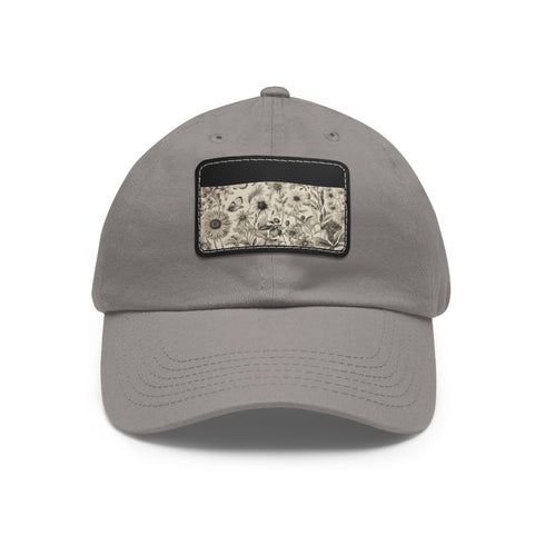 Botanical baseball cap with intricate illustration on white and light brown.