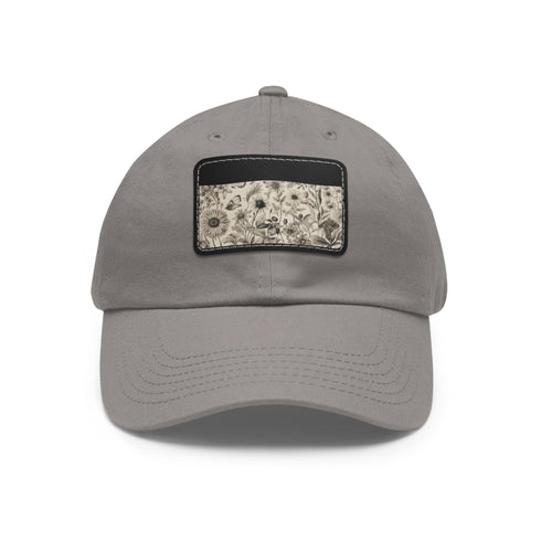 Botanical patterned cotton baseball cap in white with light brown patch.