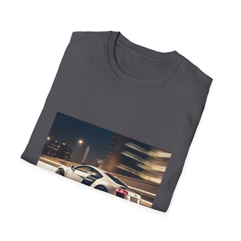Charcoal cotton T-shirt with vivid racing car graphic evokes speed and adventure