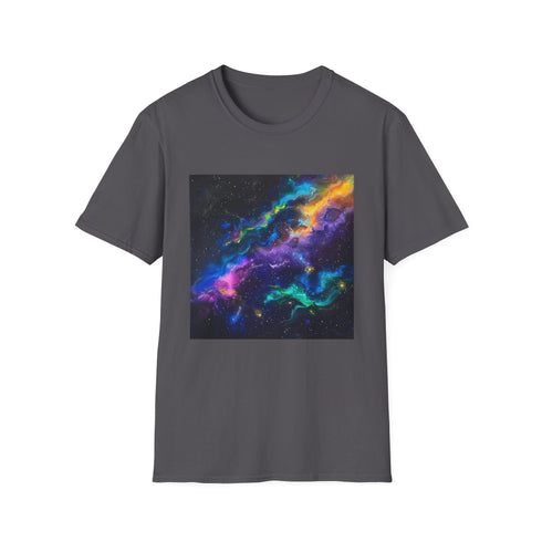 Charcoal cotton crew neck t-shirt featuring vibrant neon space galaxy design