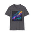 Charcoal cotton crew neck t-shirt featuring vibrant neon space galaxy design