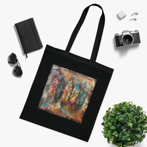 Bohemian black cotton tote bag with dreamcatcher feather design.