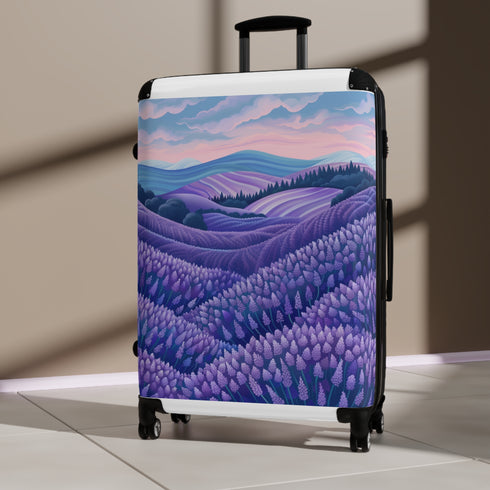 Small black Lavender Fields suitcase with seamless floral pattern for travel.