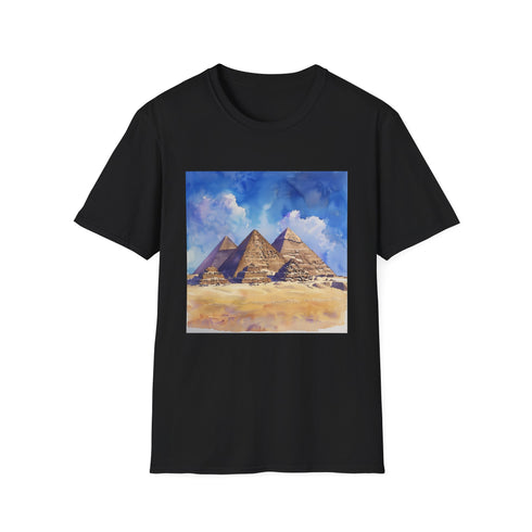 Charcoal cotton t-shirt featuring vibrant watercolor Egyptian pyramids design