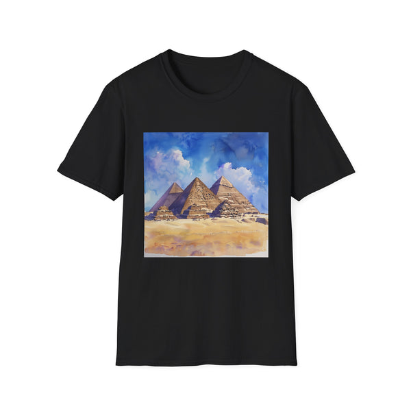 Charcoal cotton t-shirt featuring vibrant watercolor Egyptian pyramids design