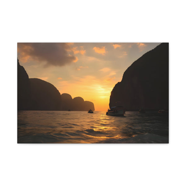 Maya Bay Tropical Limestone Cliffs Sunset Stretched Canvas Wall Art - Front Hero View | Prints With Passion