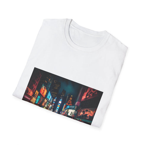 Charcoal DTG cotton T-shirt featuring vibrant city night scene graphic