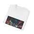 Charcoal DTG cotton T-shirt featuring vibrant city night scene graphic