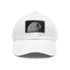 Death Star baseball cap in white with light brown patch.