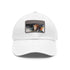 White watercolor splatter baseball cap with light brown rectangle patch.