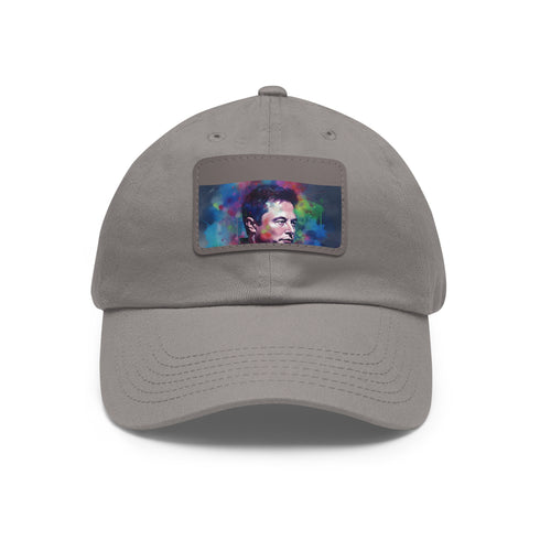 Neon Dreams Elon Musk watercolor baseball cap in white, rectangle shape.