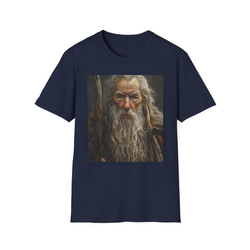 Charcoal cotton t-shirt with vibrant Gandalf portrait capturing mystical wisdom