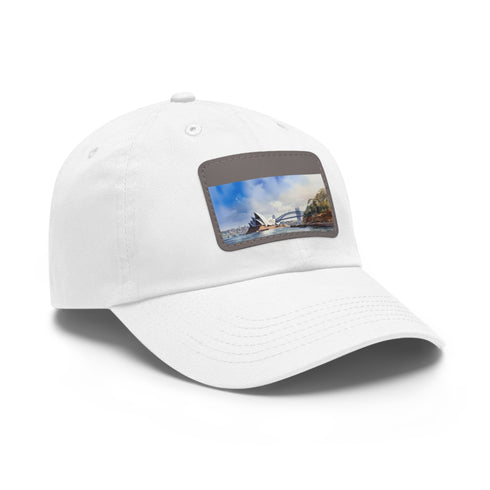 White baseball cap with Sydney skyline design, unisex, vegan cotton material.