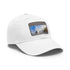 White baseball cap with Sydney skyline design, unisex, vegan cotton material.