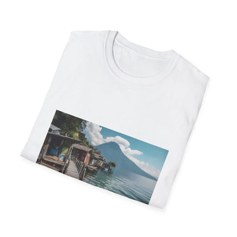 Charcoal cotton crew neck T-shirt with tranquil Guatemalan lake tapestry design