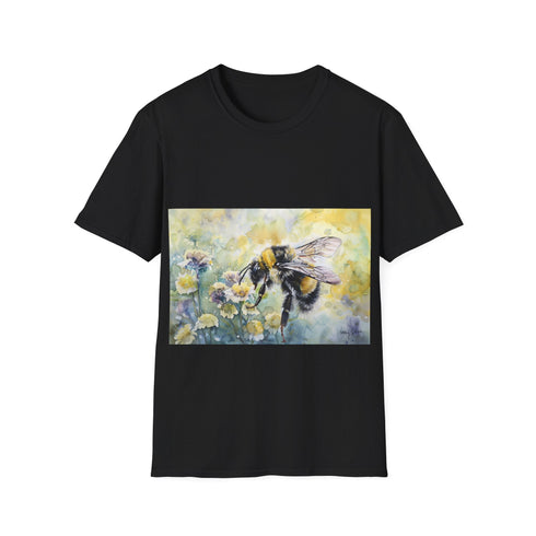 Charcoal cotton crew neck tee with vibrant bumblebee watercolor print
