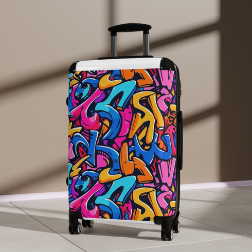 Vibrant neon graffiti suitcase set for stylish travelers in small black variant.