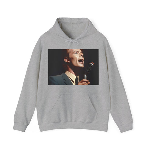 Vibrant navy hoodie featuring live performance image of David Bowie on stage