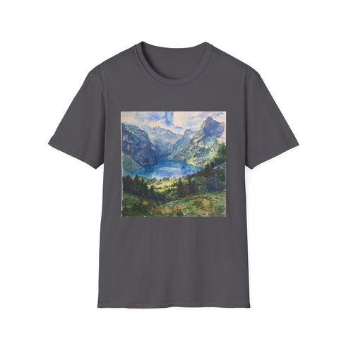 Charcoal cotton T-shirt with watercolor Swiss Alps design Regular fit