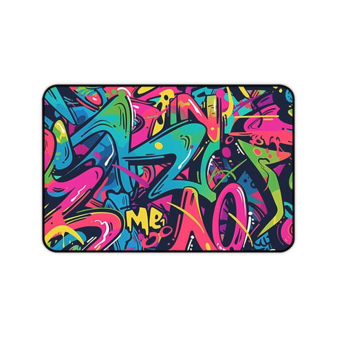 Neon graffiti desk mat, vibrant urban pattern for back-to-school workspace.