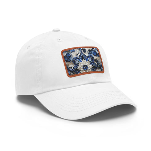 Midnight cerulean cotton baseball cap with white/light brown rectangle patch.