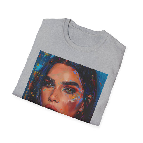 Charcoal cotton crew neck T-shirt featuring Kendall Jenner portrait in vibrant colors