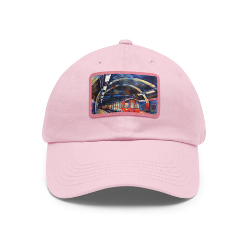 London Underground watercolor baseball cap in white with light brown patch.