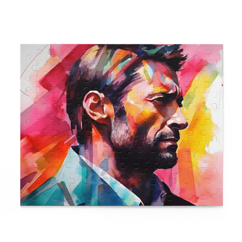 Watercolor puzzle featuring vibrant neon portrait of Hugh Jackman.