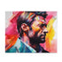 Watercolor puzzle featuring vibrant neon portrait of Hugh Jackman.