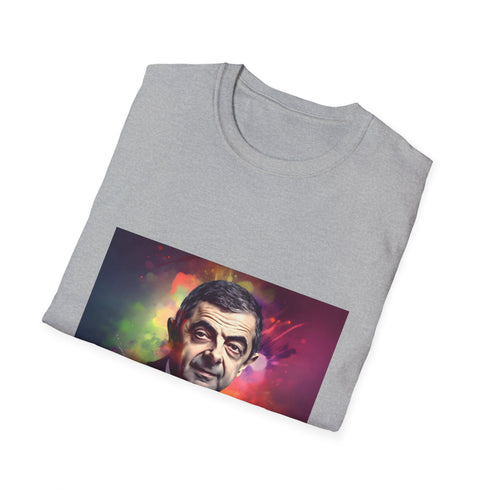 Vibrant charcoal cotton T-shirt with Rowan Atkinson watercolor neon design