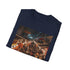 Charcoal cotton T-shirt with vibrant Asian night market tapestry graphic