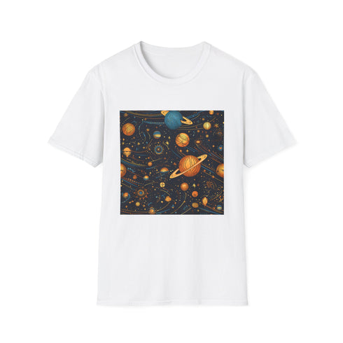 Celestial charcoal cotton T-shirt with whimsical stars and moons pattern