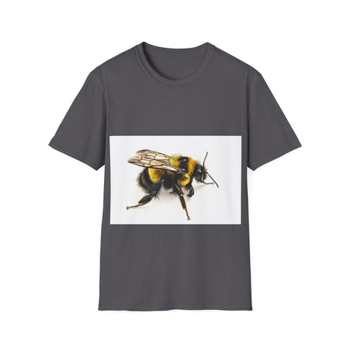 Charcoal crew neck t-shirt with vibrant bumblebee watercolor design
