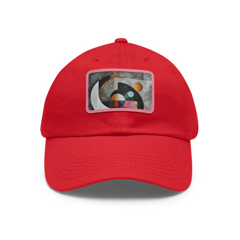 Abstract geometric white snapback cap with light brown rectangle patch.