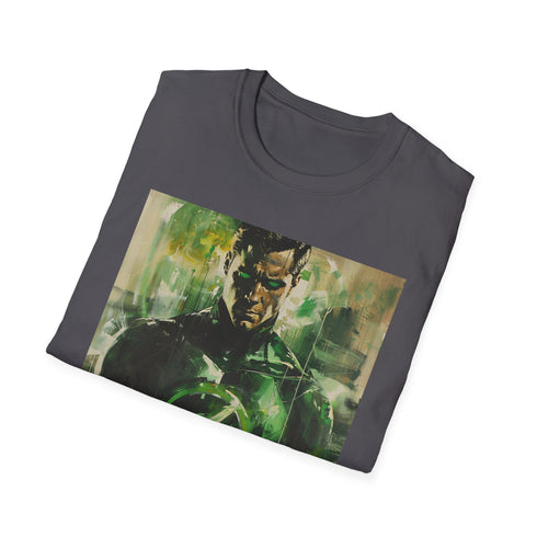 Charcoal crew neck T-shirt featuring vivid Green Lantern portrait painting detailing