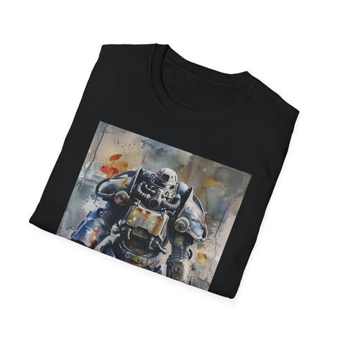 Charcoal cotton t-shirt with watercolor Fallout Power Armor design