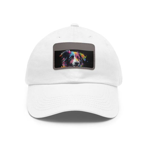 White cotton baseball cap with adorable collie dog patch.
