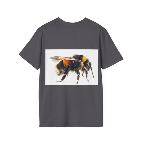 Charcoal crew neck watercolor bee tee in soft cotton evokes summer style