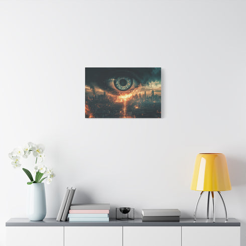 Giant Eye above a Burning City Stretched Canvas Wall Art